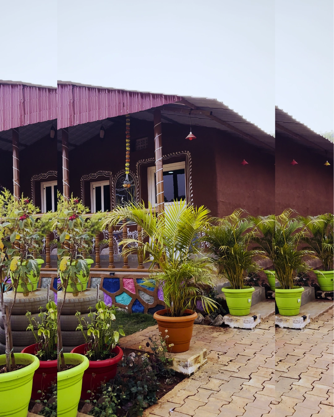 Colourful plant pots along resort pathway