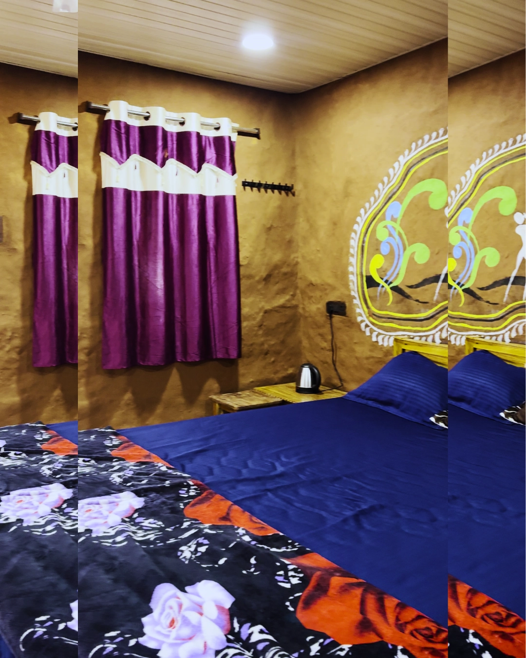 Room interior with vibrant curtains and bedding